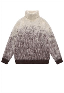 Fluffy turtleneck sweater gradient knitted jumper in brown