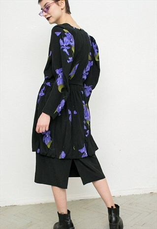 VINTAGE MIDI DRESS BLACK WITH FLOWERS LONG SLEEVED