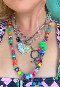 handmade funky rainbow chunky mixed bead festival necklace