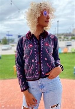90s Vintage Floral Embroidery Cardigan with Velvet Trims