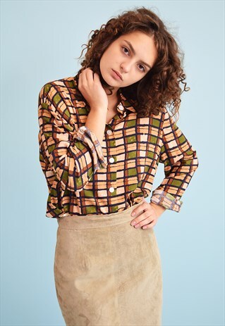 90'S RETRO CHECKED PRINT LOOSE-FITTED MOMS SHIRT TOP