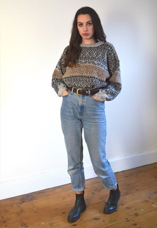 80S VINTAGE GREY BROWN BLACK PATTERN WOOL BLEND KNIT JUMPER