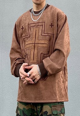 Brown embroidered Oversized Suede Sweatshirts Unisex Y2k