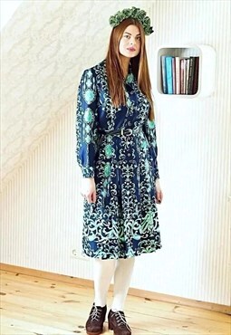 Navy and green floral shirt style belted vintage dress