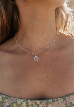 Sterling Silver Hamsa Hand Necklace on Bobble Chain