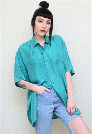 VINTAGE 90'S GENUINE SILK TURQUOISE GREEN OVERSIZED SHIRT