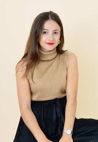 90'S VINTAGE SLEEVELESS ROLL NECK GOLD LUREX TOP