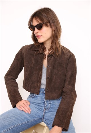 VINTAGE 90S REWORKED BROWN SUEDE LEATHER CROPPED JACKET