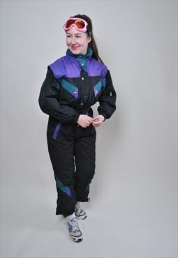 One piece ski suit, black ski overall MEDIUM size retro 