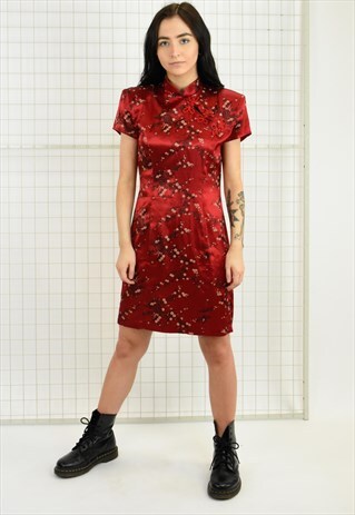 RED SHINY FLORAL PRINT DRESS