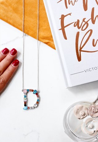 SILVER JEWELED STONE MONOGRAM INITIAL 'D' STATEMENT NECKLACE
