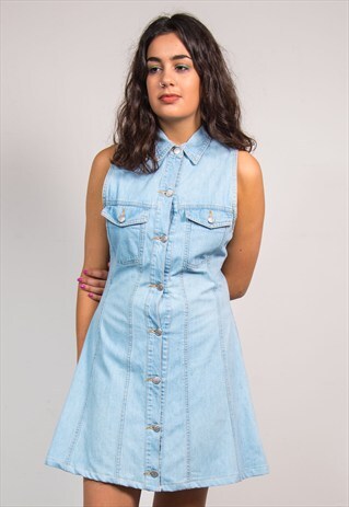 90'S VINTAGE LIGHT BLUE DENIM BUTTON FRONT MINI DRESS