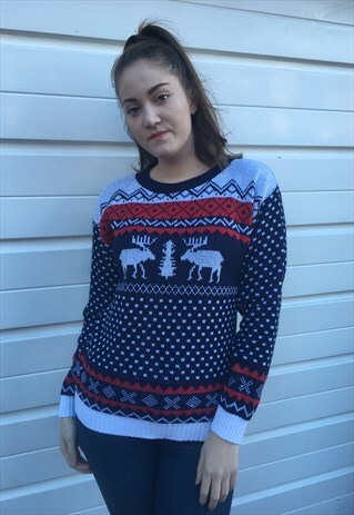 WOMENS BLUE WHITE RED CHRISTMAS XMAS REINDEER JUMPER TOP