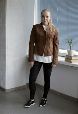VINTAGE 80'S BROWN CORDUROY NO COLLAR JACKET