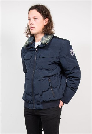 TOMMY HILFIGER NAVY BLUE FAUX FUR TRIM PUFFA COAT JACKET