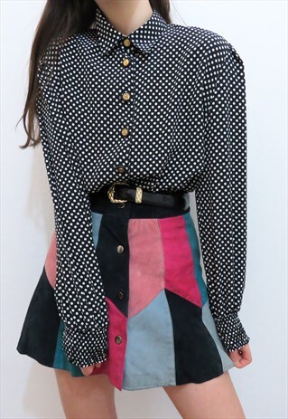 VINTAGE 80S BLACK & WHITE POLKA DOT COLLARED BLOUSE / SHIRT