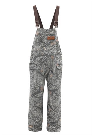 FOREST PRINT DUNGAREES JEAN OVERALLS LEAVES JUMPSUIT GREEN