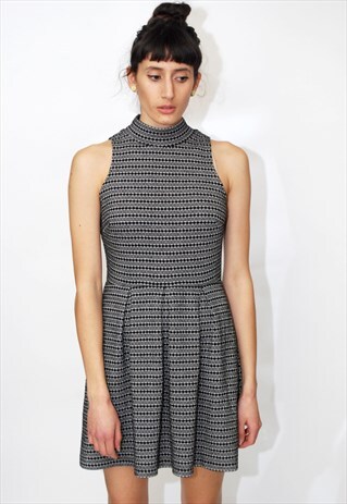 VINTAGE SKATER DRESS (XS) BLACK 90S TURTLENECK GEOMETRIC