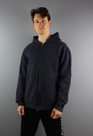 VINTAGE CHAMPION HOODIE IN NAVY WITH EMBROIDERED LOGO.