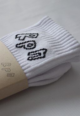 white socks with black logo