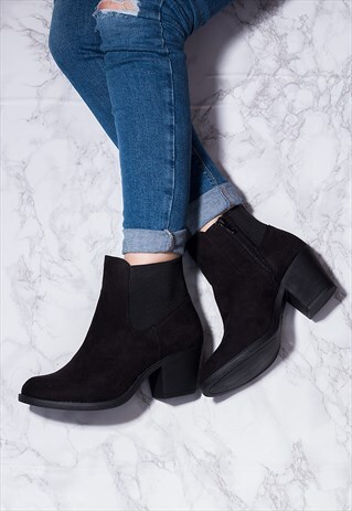 IVY BLOCK HEEL CHELSEA BOOTS - BLACK SUEDE STYLE