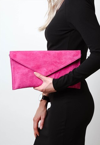 FUSHIA PINK SUEDE ENVELOPE CLUTCH BAG