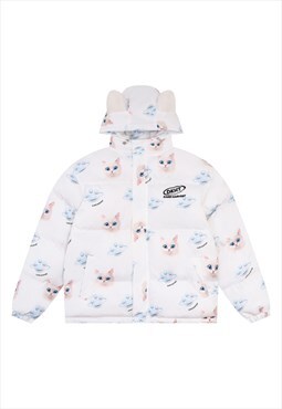 Cat print bomber kitten puffer jacket anime coat in cream