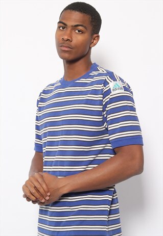 VINTAGE ADIDAS BIG LOGO STRIPED T-SHIRT BLUE