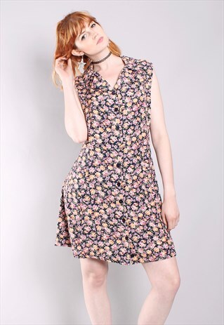 VINTAGE 80S FLORAL SLEEVELESS TIE BACK BUTTON DRESS