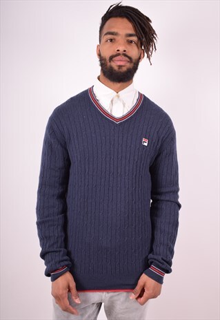 FILA MENS VINTAGE JUMPER SWEATER MEDIUM BLUE 90S