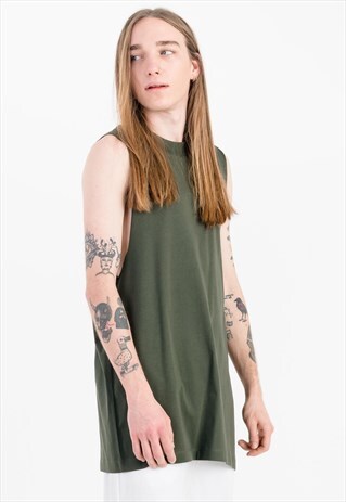 SLEEVELESS T-SHIRT WITH EXTREME DROPPED ARMHOLE IN KHAKI