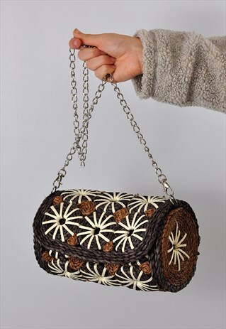 VINTAGE BROWN FLOWER WICKER HANDBAG