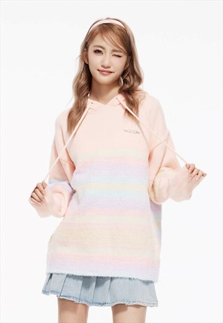 KNITTED STRIPED HOODIE GRADIENT JUMPER RAINBOW PULLOVER PINK