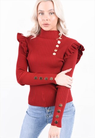 RED RIBBED FRILL TRIM BUTTON DETAIL TOP