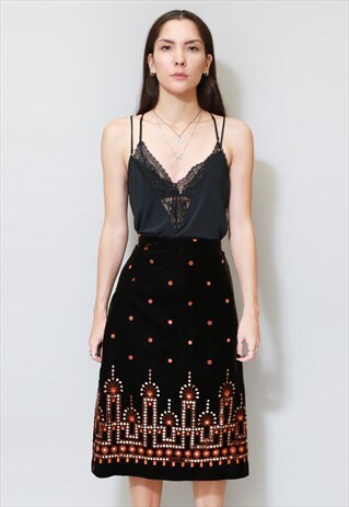 VINTAGE 1970'S BROWN EMBROIDERED VELVET MIDI SKIRT