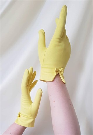 VINTAGE 50S BOW DETAIL TEXTURED GLOVES IN YELLOW / WEDDING