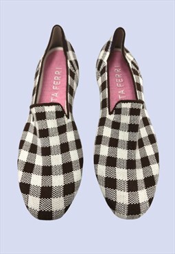 Brown White Gingham Check Knit Slip On Flat Casual Shoes