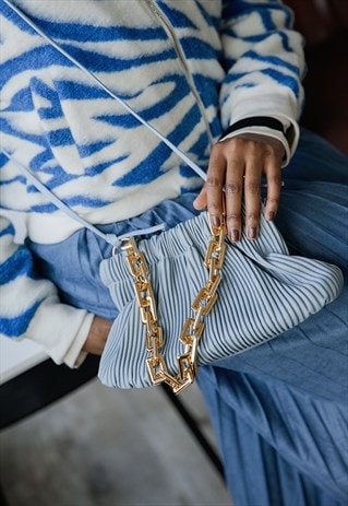 Baby Blue Pleated Mini Clutch With Square Chain Strap