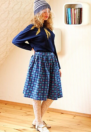 BLUE CHECKED FLORAL VINTAGE SKIRT