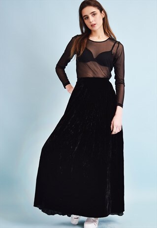 80'S RETRO CRUSHED VELVET FLARE HIGHWAISTED MAXI BOHO SKIRT