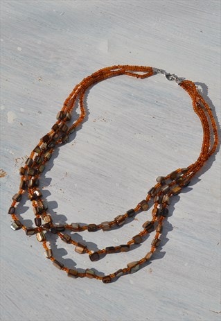 Deadstock honey/brown shell/seed beaded 3 strands necklace