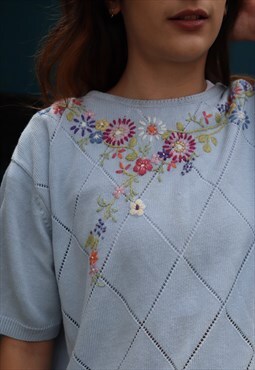 Pastel Blue Knitted Floral Embroidery Short Sleeve Jumper 