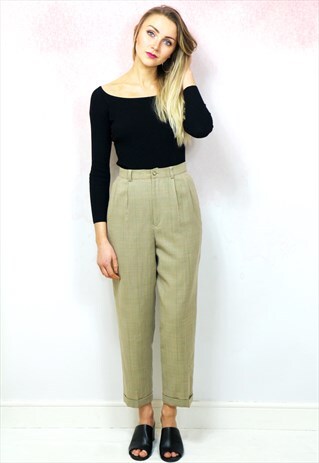 1980S VINTAGE BEIGE CHECK WOOL HIGH WAIST TROUSER