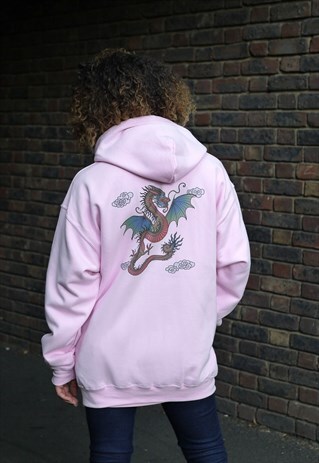 CHINESE DRAGON DESIGN PRINTED ON TO A PINK ZIP UP HOODIE