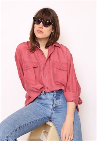 VINTAGE 90S DUSTY PINK SILK OVERSIZED BLOUSE SHIRT