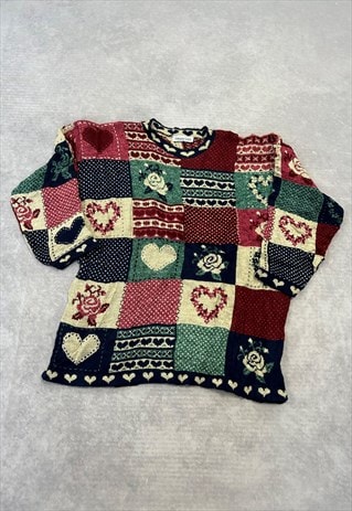 VINTAGE KNITTED JUMPER CUTE HEART AND FLOWER PATTERNED KNIT