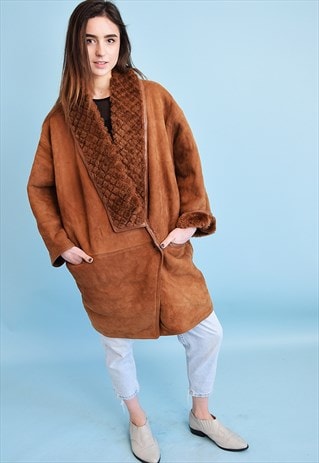 80'S RETRO REAL SUEDE & FAUX FUR DETAILING SHEARLING COAT