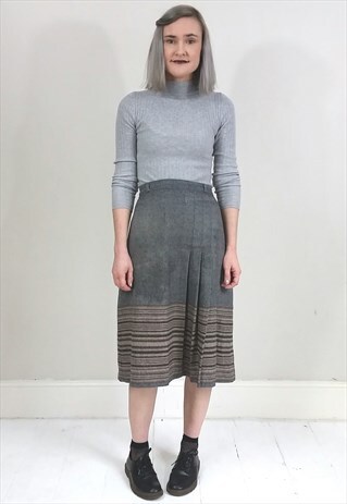 VINTAGE 80'S GREY STRIPED FRONT PLEAT WOOL BLEND MIDI SKIRT