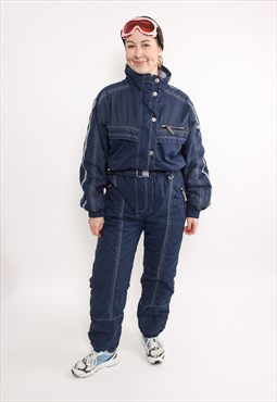 Retro one piece ski suit, vintage 90s blue snowsuit, women 