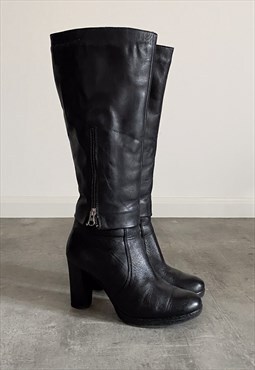 Vintage Y2K 00s black real leather high heel boots